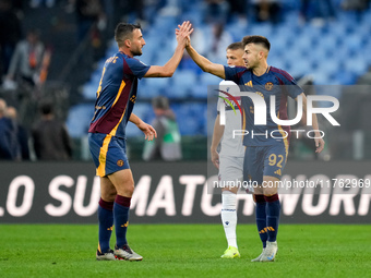 Stephan El Shaarawy of AS Roma celebrates after scoring first goal during the Serie A Enilive match between AS Roma and Bologna FC at Stadio...