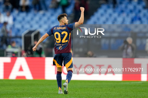 Stephan El Shaarawy of AS Roma celebrates after scoring first goal during the Serie A Enilive match between AS Roma and Bologna FC at Stadio...