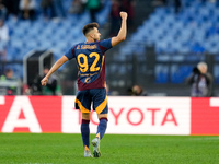 Stephan El Shaarawy of AS Roma celebrates after scoring first goal during the Serie A Enilive match between AS Roma and Bologna FC at Stadio...