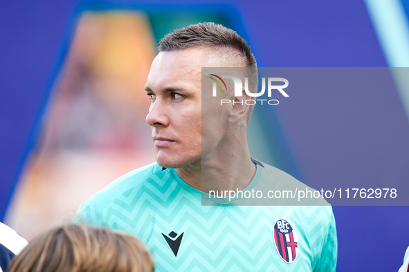 Lukasz Skorupski of Bologna FC looks on during the Serie A Enilive match between AS Roma and Bologna FC at Stadio Olimpico on November 10, 2...