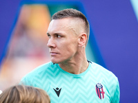 Lukasz Skorupski of Bologna FC looks on during the Serie A Enilive match between AS Roma and Bologna FC at Stadio Olimpico on November 10, 2...