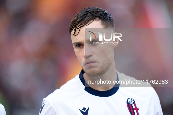 Sam Beukema of Bologna FC looks on during the Serie A Enilive match between AS Roma and Bologna FC at Stadio Olimpico on November 10, 2024 i...