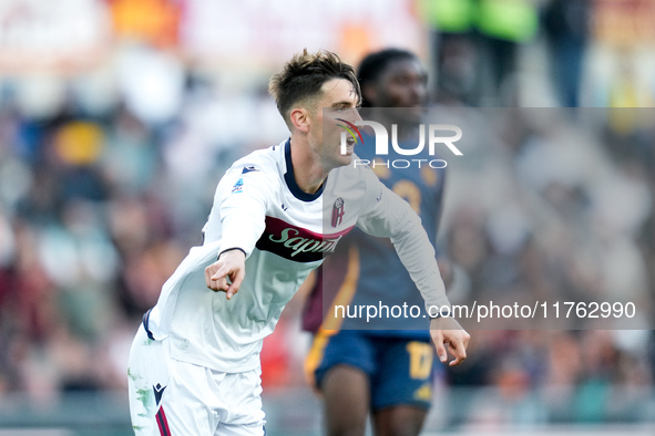 Juan Miranda of Bologna FC gestures during the Serie A Enilive match between AS Roma and Bologna FC at Stadio Olimpico on November 10, 2024...