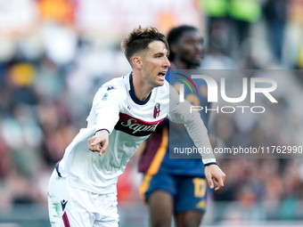 Juan Miranda of Bologna FC gestures during the Serie A Enilive match between AS Roma and Bologna FC at Stadio Olimpico on November 10, 2024...