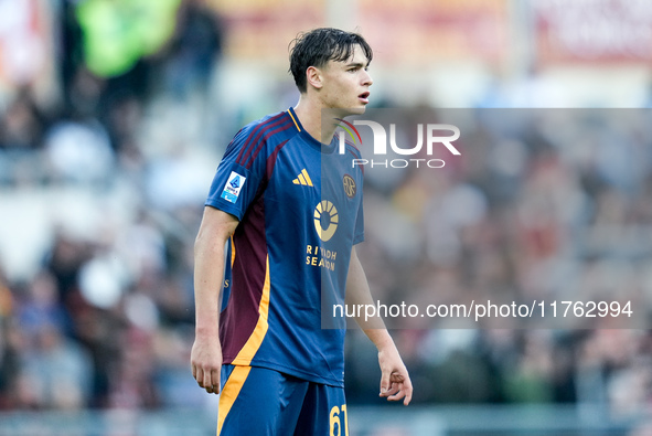 Niccolo' Pisilli of AS Roma during the Serie A Enilive match between AS Roma and Bologna FC at Stadio Olimpico on November 10, 2024 in Rome,...