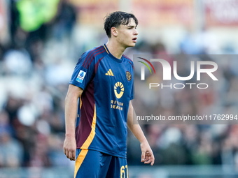 Niccolo' Pisilli of AS Roma during the Serie A Enilive match between AS Roma and Bologna FC at Stadio Olimpico on November 10, 2024 in Rome,...