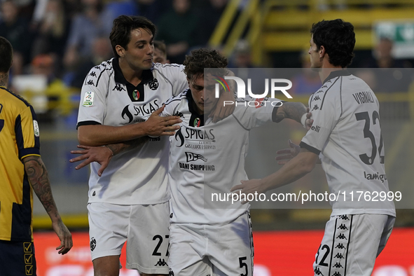 Salvatore Esposito of Spezia Calcio celebrates with team mates after scoring during the Serie B match between SS Juve Stabia and Spezia Calc...