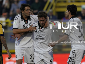 Salvatore Esposito of Spezia Calcio celebrates with team mates after scoring during the Serie B match between SS Juve Stabia and Spezia Calc...