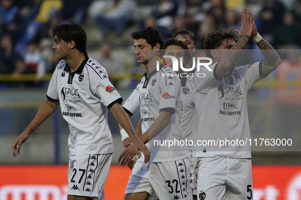 Salvatore Esposito of Spezia Calcio celebrates with team mates after scoring during the Serie B match between SS Juve Stabia and Spezia Calc...