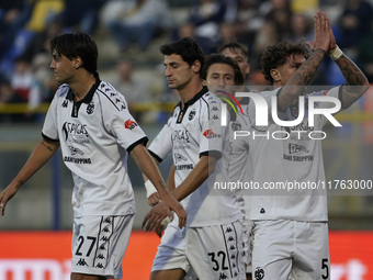 Salvatore Esposito of Spezia Calcio celebrates with team mates after scoring during the Serie B match between SS Juve Stabia and Spezia Calc...