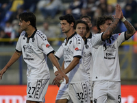 Salvatore Esposito of Spezia Calcio celebrates with team mates after scoring during the Serie B match between SS Juve Stabia and Spezia Calc...