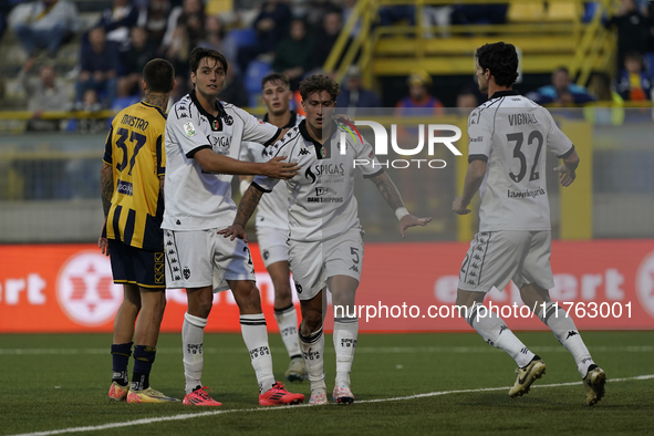 Salvatore Esposito of Spezia Calcio celebrates with team mates after scoring during the Serie B match between SS Juve Stabia and Spezia Calc...