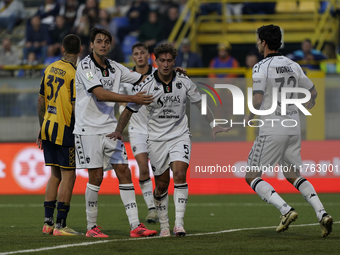 Salvatore Esposito of Spezia Calcio celebrates with team mates after scoring during the Serie B match between SS Juve Stabia and Spezia Calc...