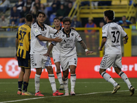 Salvatore Esposito of Spezia Calcio celebrates with team mates after scoring during the Serie B match between SS Juve Stabia and Spezia Calc...