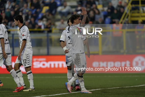 Salvatore Esposito of Spezia Calcio celebrates with team mates after scoring during the Serie B match between SS Juve Stabia and Spezia Calc...