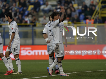 Salvatore Esposito of Spezia Calcio celebrates with team mates after scoring during the Serie B match between SS Juve Stabia and Spezia Calc...