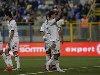 Salvatore Esposito of Spezia Calcio celebrates with team mates after scoring during the Serie B match between SS Juve Stabia and Spezia Calc...