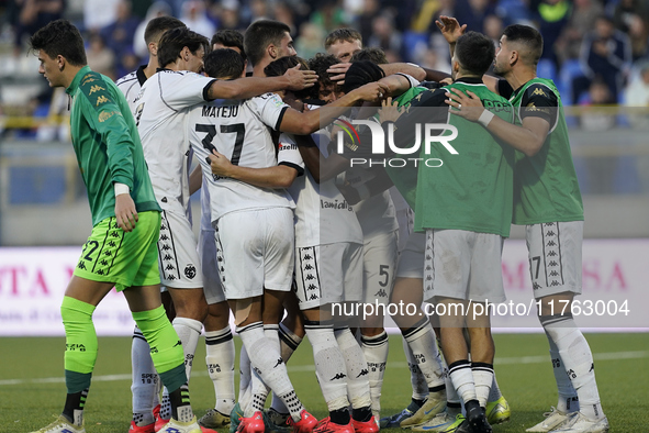 Salvatore Esposito of Spezia Calcio celebrates with team mates after scoring during the Serie B match between SS Juve Stabia and Spezia Calc...