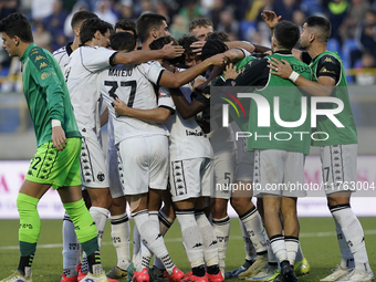 Salvatore Esposito of Spezia Calcio celebrates with team mates after scoring during the Serie B match between SS Juve Stabia and Spezia Calc...