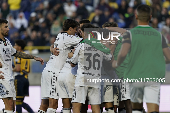 Salvatore Esposito of Spezia Calcio celebrates with team mates after scoring during the Serie B match between SS Juve Stabia and Spezia Calc...