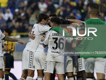 Salvatore Esposito of Spezia Calcio celebrates with team mates after scoring during the Serie B match between SS Juve Stabia and Spezia Calc...