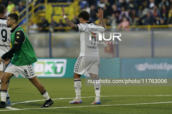 Salvatore Esposito of Spezia Calcio celebrates with team mates after scoring during the Serie B match between SS Juve Stabia and Spezia Calc...