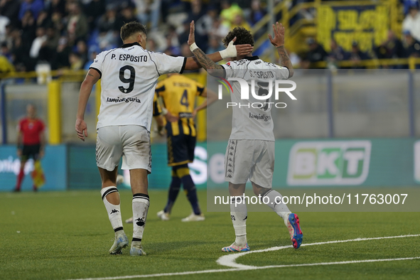 Salvatore Esposito of Spezia Calcio celebrates with team mates after scoring during the Serie B match between SS Juve Stabia and Spezia Calc...