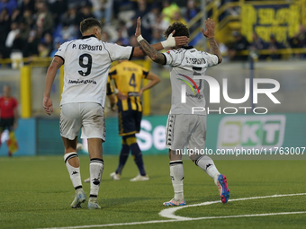 Salvatore Esposito of Spezia Calcio celebrates with team mates after scoring during the Serie B match between SS Juve Stabia and Spezia Calc...