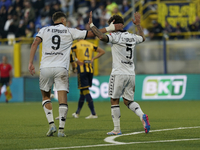 Salvatore Esposito of Spezia Calcio celebrates with team mates after scoring during the Serie B match between SS Juve Stabia and Spezia Calc...