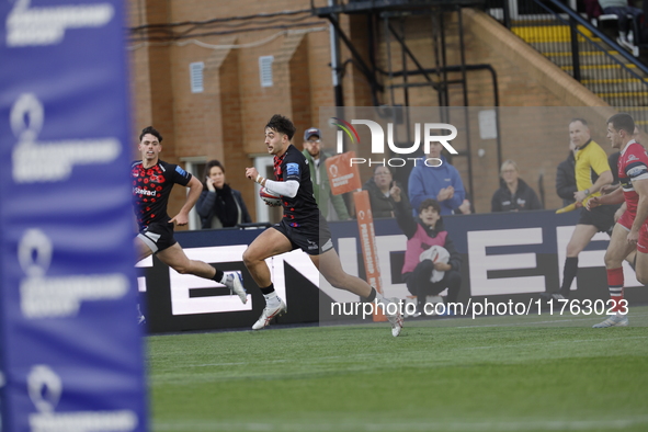 Ethan Grayson of Newcastle Falcons makes his way to the line during the Premiership Cup Pool A match between Newcastle Falcons and Doncaster...