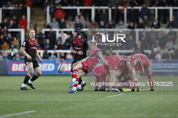 Ollie Fox of Doncaster Knights clears during the Premiership Cup Pool A match between Newcastle Falcons and Doncaster Knights at Kingston Pa...