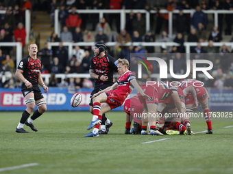 Ollie Fox of Doncaster Knights clears during the Premiership Cup Pool A match between Newcastle Falcons and Doncaster Knights at Kingston Pa...