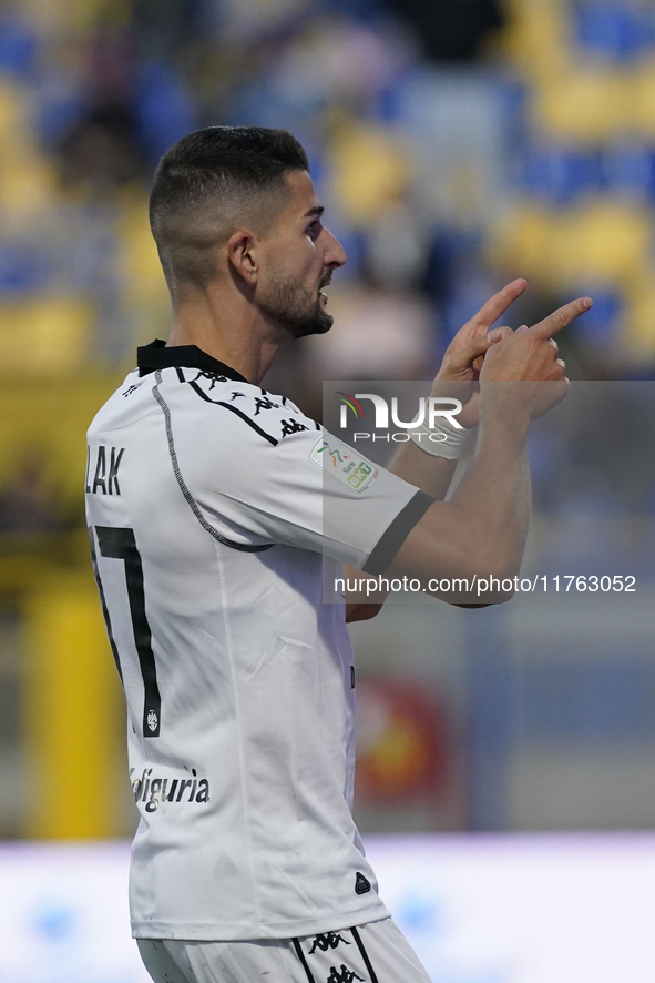 Antonio-Mirko Colak of Spezia Calcio celebrates after scoring during the Serie B match between SS Juve Stabia and Spezia Calcio at Stadio Ro...