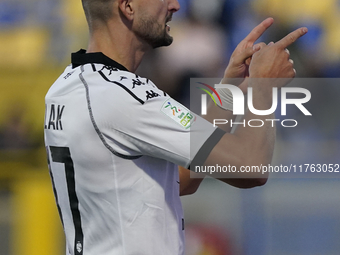 Antonio-Mirko Colak of Spezia Calcio celebrates after scoring during the Serie B match between SS Juve Stabia and Spezia Calcio at Stadio Ro...