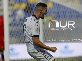 Antonio-Mirko Colak of Spezia Calcio celebrates after scoring during the Serie B match between SS Juve Stabia and Spezia Calcio at Stadio Ro...