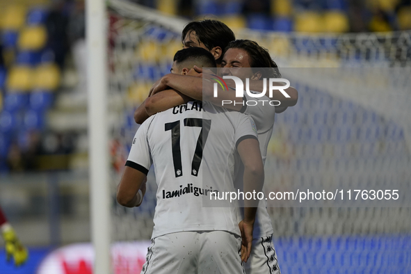 Antonio-Mirko Colak of Spezia Calcio celebrates with team mates after scoring during the Serie B match between SS Juve Stabia and Spezia Cal...