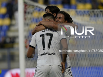 Antonio-Mirko Colak of Spezia Calcio celebrates with team mates after scoring during the Serie B match between SS Juve Stabia and Spezia Cal...