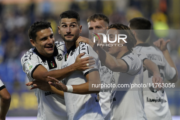 Antonio-Mirko Colak of Spezia Calcio celebrates with team mates after scoring during the Serie B match between SS Juve Stabia and Spezia Cal...