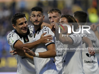 Antonio-Mirko Colak of Spezia Calcio celebrates with team mates after scoring during the Serie B match between SS Juve Stabia and Spezia Cal...