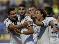 Antonio-Mirko Colak of Spezia Calcio celebrates with team mates after scoring during the Serie B match between SS Juve Stabia and Spezia Cal...