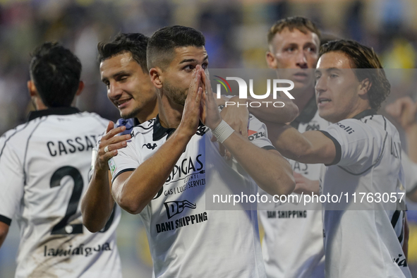 Antonio-Mirko Colak of Spezia Calcio celebrates with team mates after scoring during the Serie B match between SS Juve Stabia and Spezia Cal...