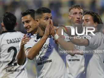 Antonio-Mirko Colak of Spezia Calcio celebrates with team mates after scoring during the Serie B match between SS Juve Stabia and Spezia Cal...