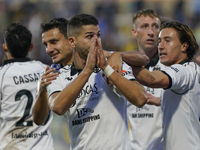 Antonio-Mirko Colak of Spezia Calcio celebrates with team mates after scoring during the Serie B match between SS Juve Stabia and Spezia Cal...