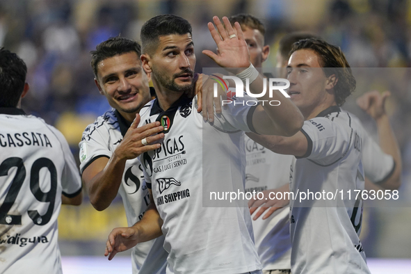 Antonio-Mirko Colak of Spezia Calcio celebrates with team mates after scoring during the Serie B match between SS Juve Stabia and Spezia Cal...