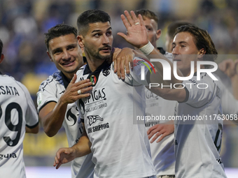 Antonio-Mirko Colak of Spezia Calcio celebrates with team mates after scoring during the Serie B match between SS Juve Stabia and Spezia Cal...