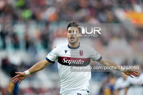 Riccardo Orsolini of Bologna FC celebrates after scoring second goal during the Serie A Enilive match between AS Roma and Bologna FC at Stad...