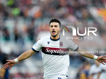 Riccardo Orsolini of Bologna FC celebrates after scoring second goal during the Serie A Enilive match between AS Roma and Bologna FC at Stad...