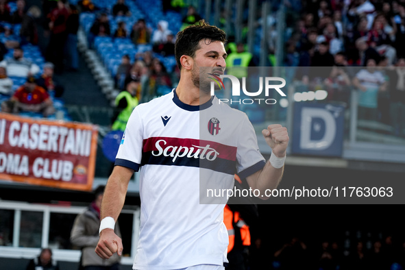 Riccardo Orsolini of Bologna FC celebrates after scoring second goal during the Serie A Enilive match between AS Roma and Bologna FC at Stad...