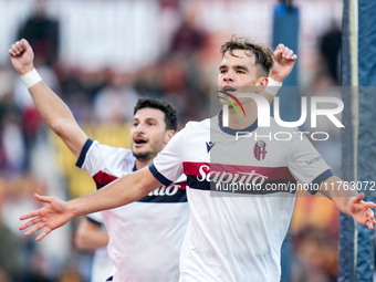 Thijs Dallinga of Bologna FC celebrates scoring third goal later disallowed by VAR during the Serie A Enilive match between AS Roma and Bolo...