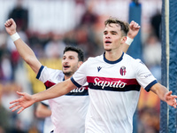 Thijs Dallinga of Bologna FC celebrates scoring third goal later disallowed by VAR during the Serie A Enilive match between AS Roma and Bolo...